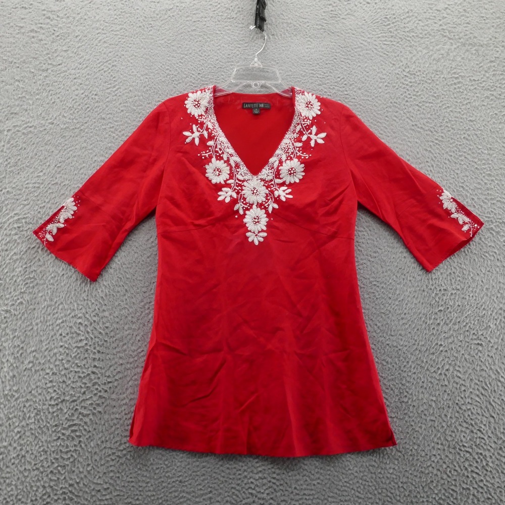 Lafayette 148 Beaded Linen Tunic Top Red Womens Embroidered Half Sleeve